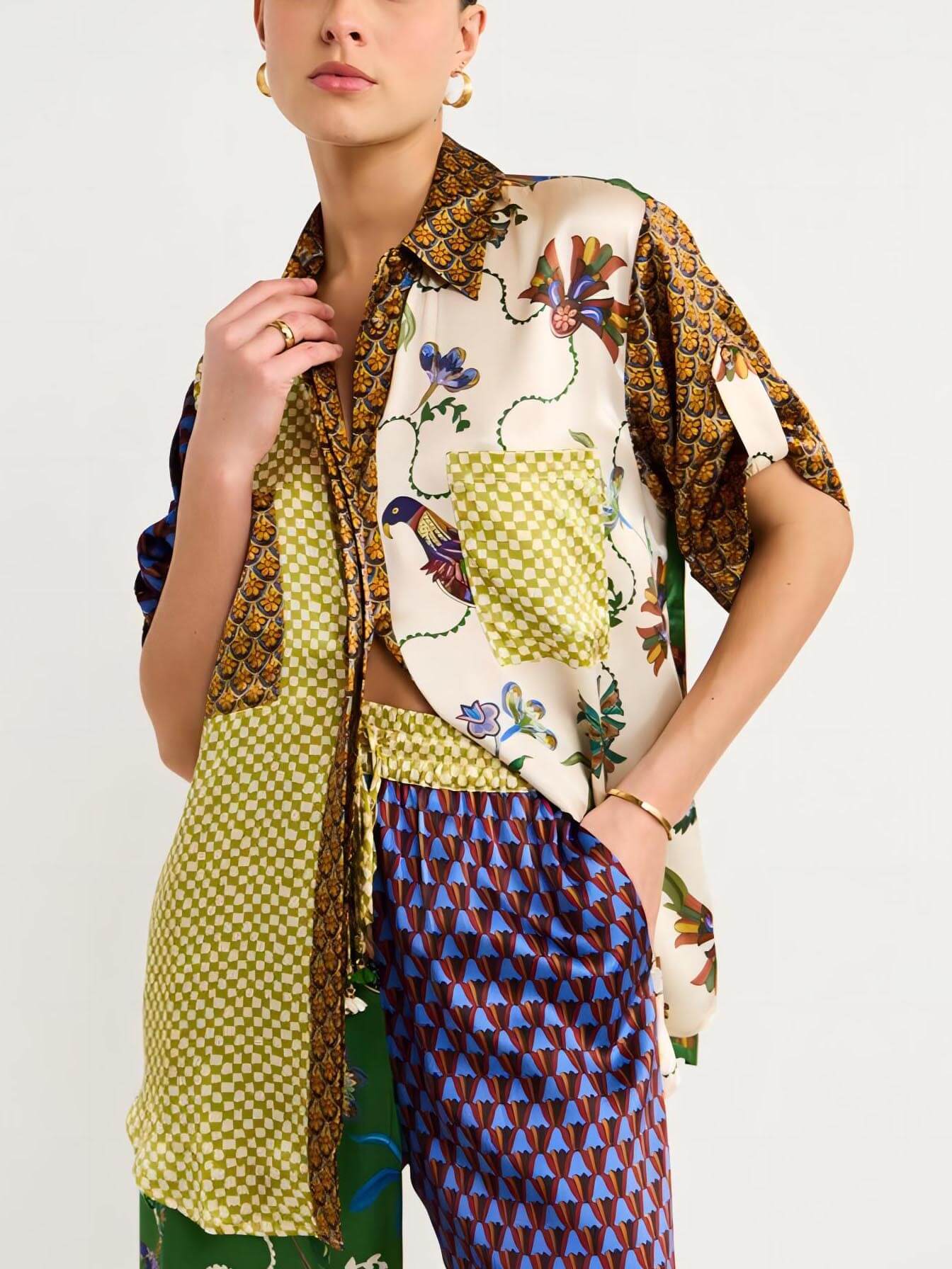 Bohemian-Inspired Loose Wide Leg Pants Set with Unique Folk Print