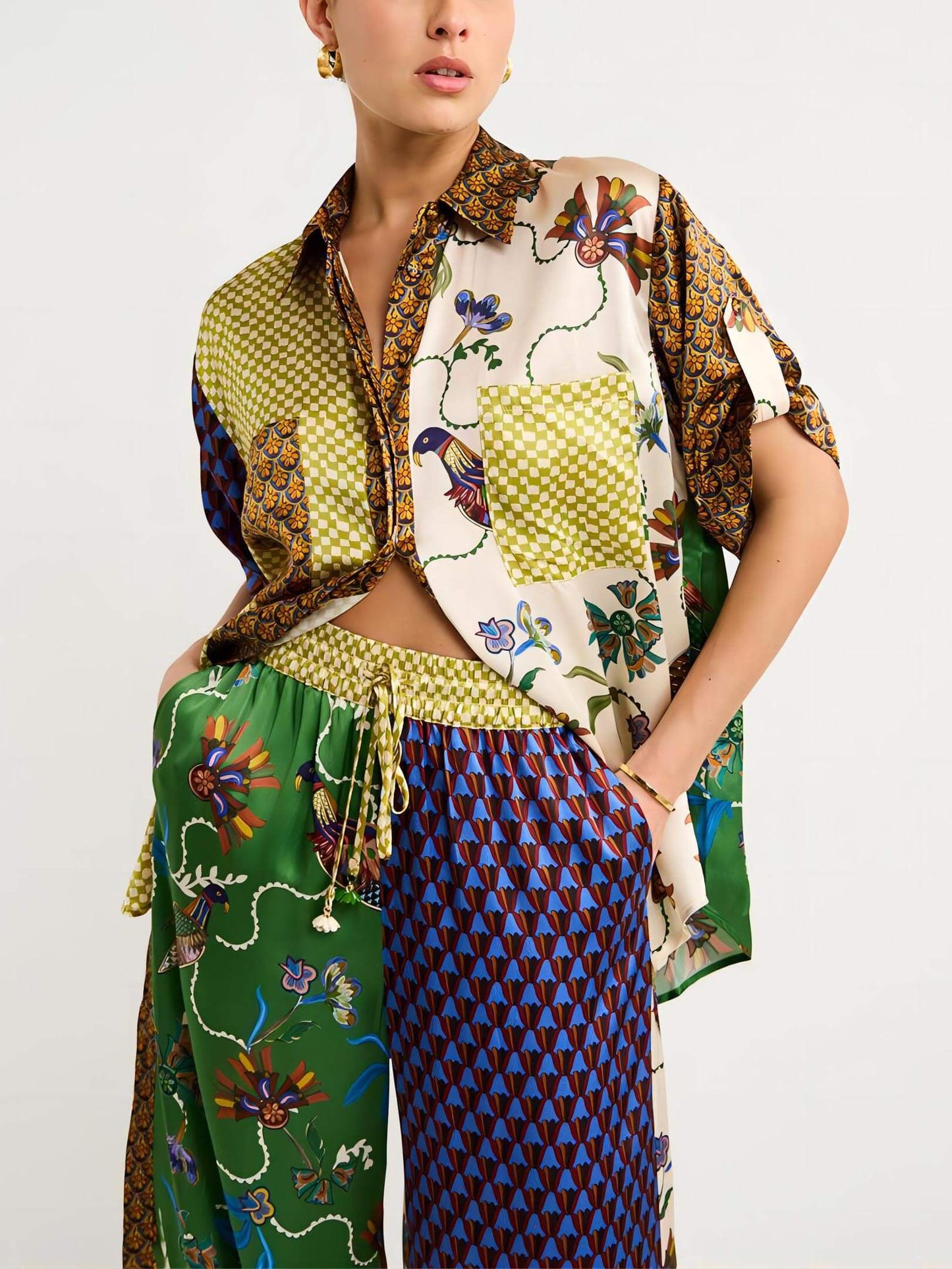 Bohemian-Inspired Loose Wide Leg Pants Set with Unique Folk Print