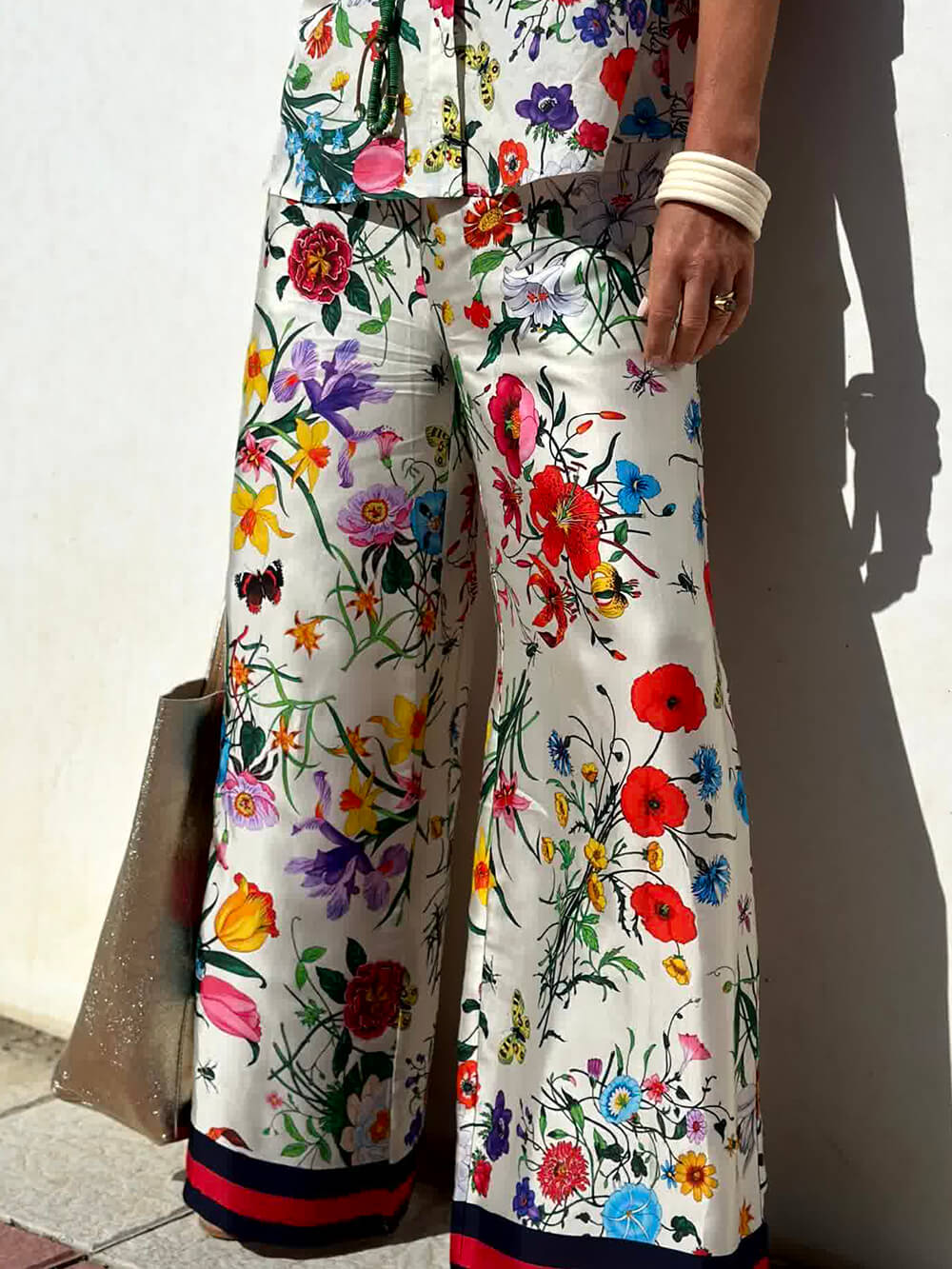 Floral Print Wide Leg Trousers with Elastic Waist and Pockets - Set