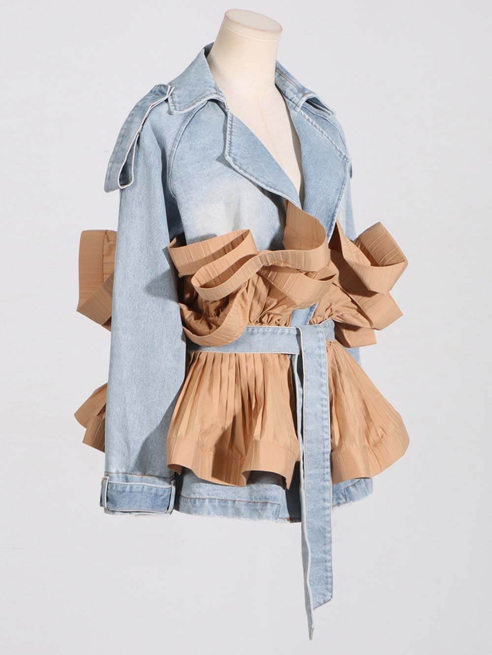 Stylish Color-Blocked Ruffled Pleated Denim Jacket with Lace-Up Detail