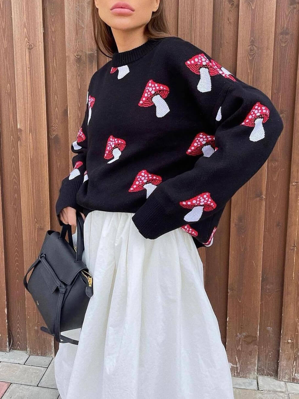 Contrast Pullover Sweater with Mushroom Print