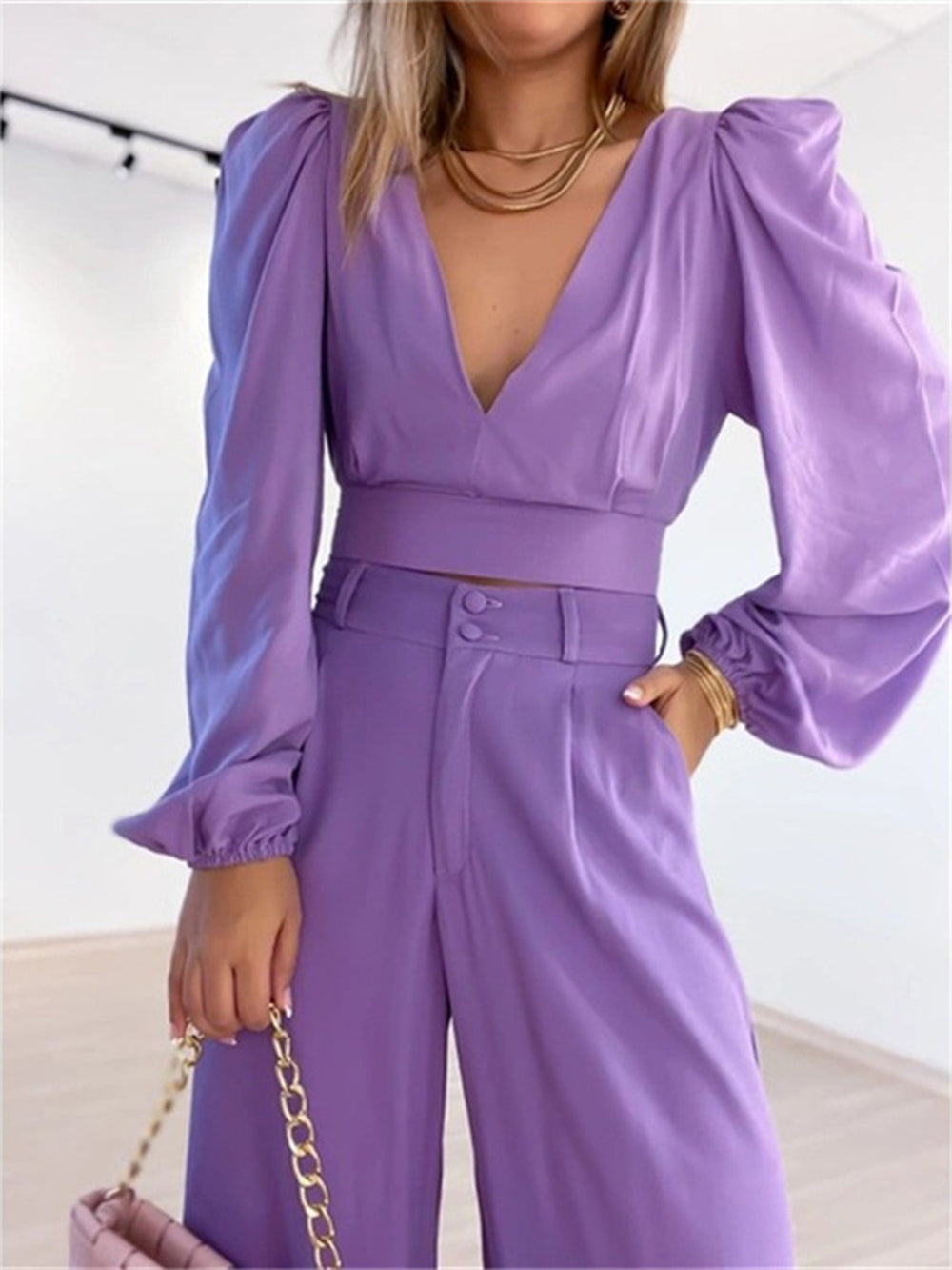 Lavender Pants Set with Plunge Neck Top