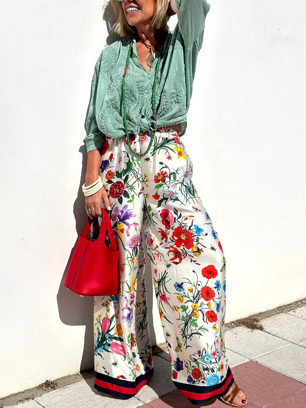 Floral Print Wide Leg Trousers with Elastic Waist and Pockets - Set