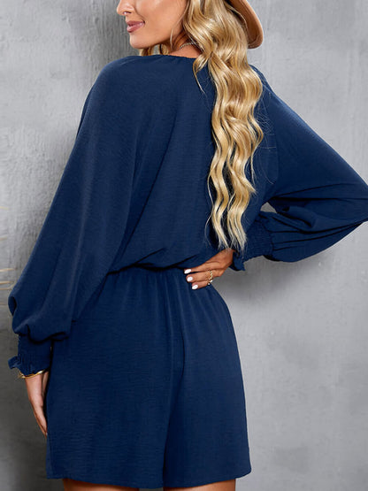 Plunge Front Tie Romper with Tied Flounce Sleeves