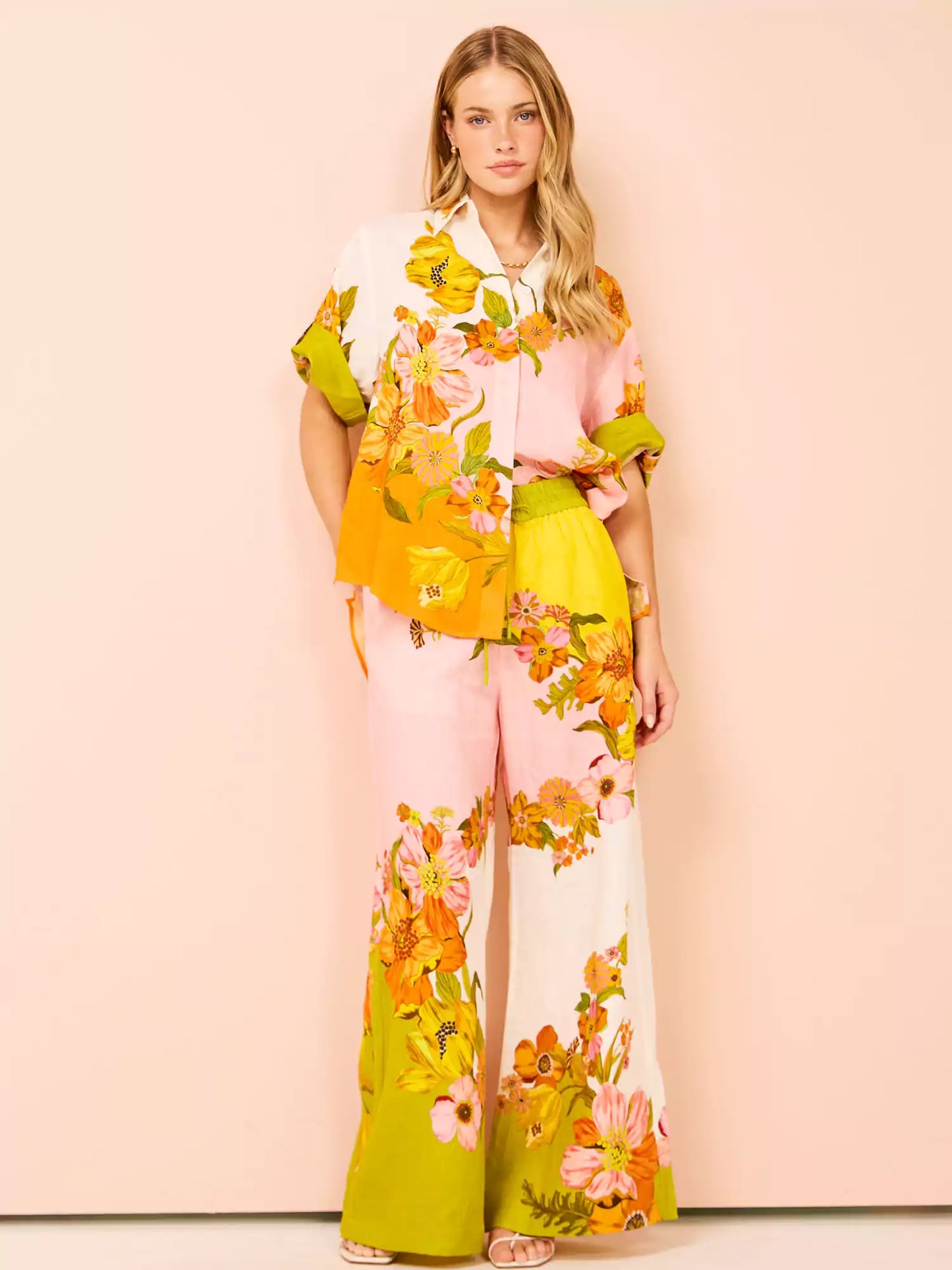 Distinctive Print Wide Leg Pants Set with Elastic Waist and Pockets