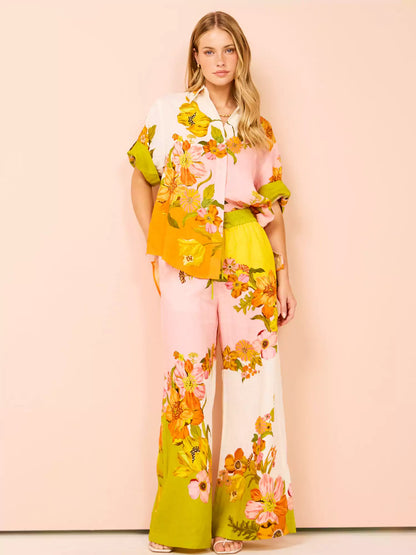 Distinctive Print Wide Leg Pants Set with Elastic Waist and Pockets