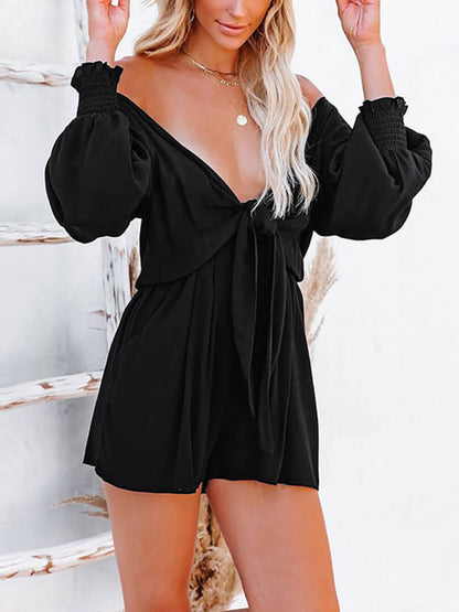 Plunge Front Tie Romper with Tied Flounce Sleeves