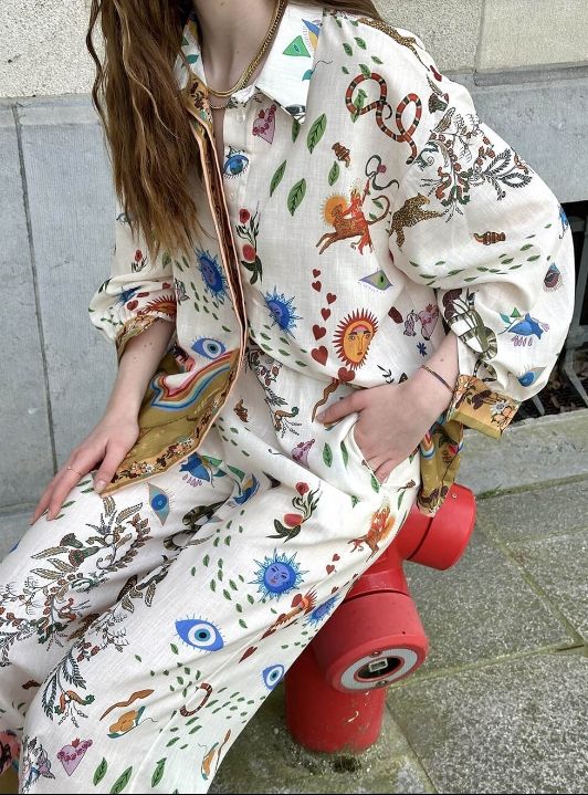 Ethnic Print Loose-Fit Pants Set with Elastic Waist