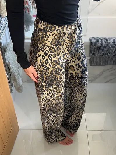 Leopard Print Flared Jeans with Diamanté Accents
