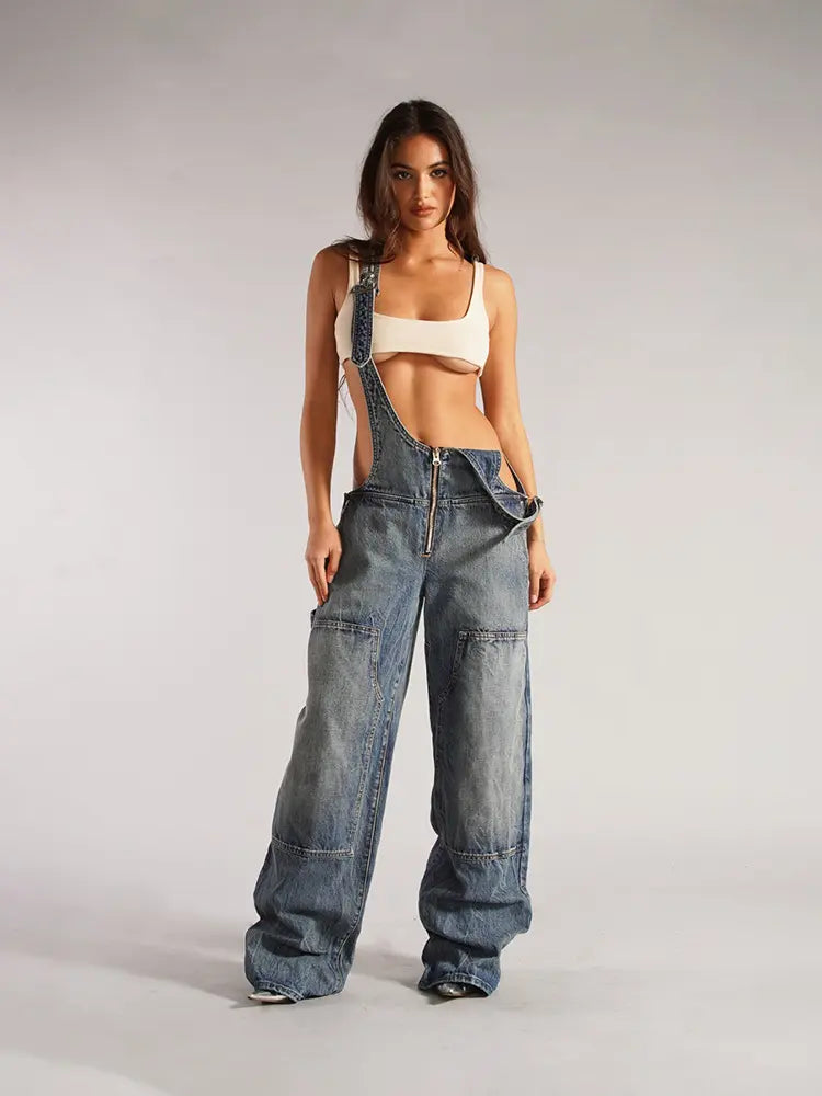 Denim Jumpsuit with Zipper Strap Detail