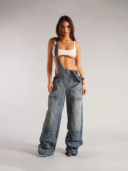 Denim Jumpsuit with Zipper Strap Detail