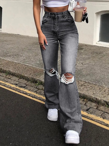 Wide-Leg Distressed Flared Jeans