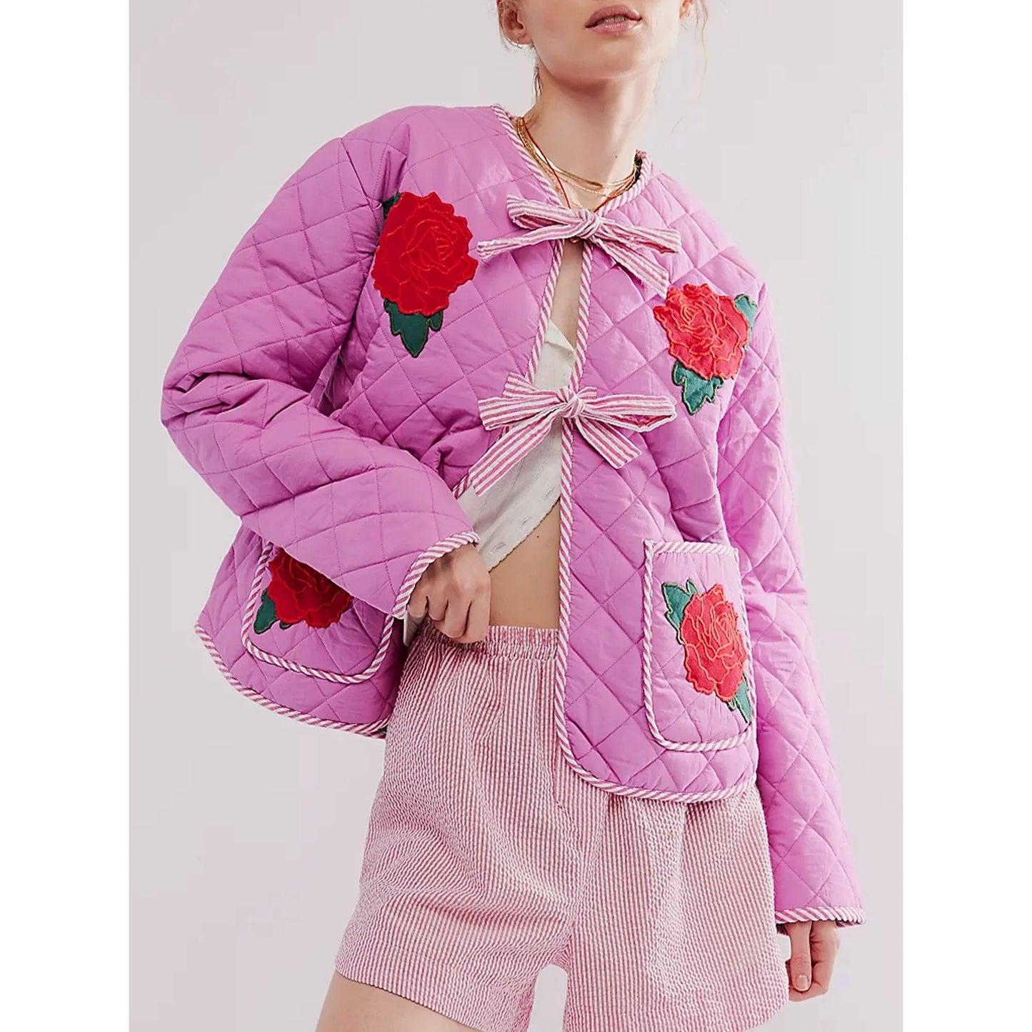 Pink Thin Jacket with Rose Print and Bow Detail