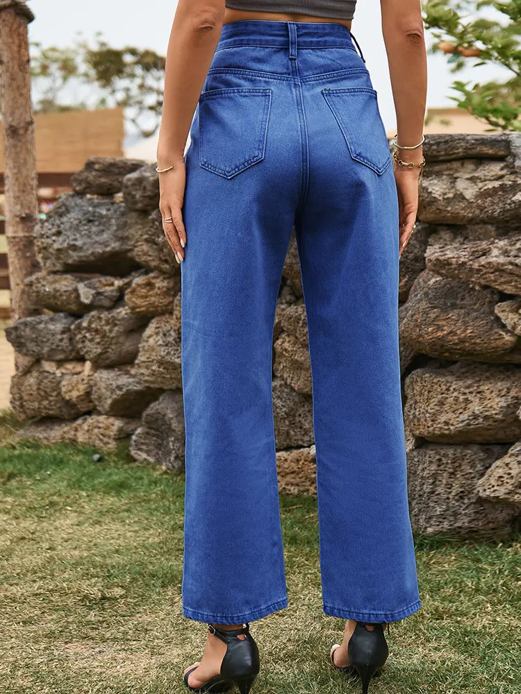 Chic Washed Denim Trousers with Trendy Split Hem