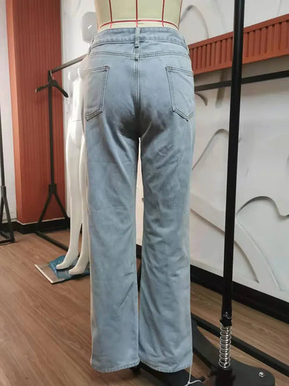 Chic Washed Denim Trousers with Trendy Split Hem