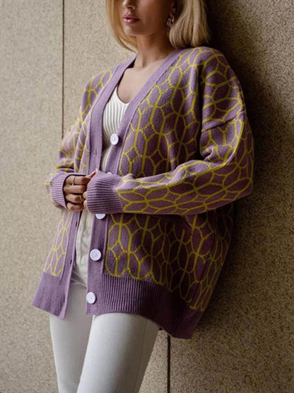 Casual Striped V-Neck Cardigan with Braided Contrast and Button Details