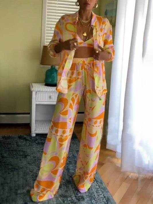 Relaxed Fit Classic Print Trousers Set with Elastic Waist and Pockets