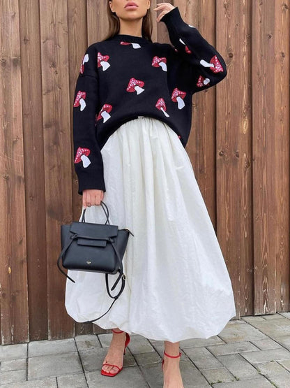 Contrast Pullover Sweater with Mushroom Print