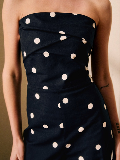 Ecru Polka Dot Jumpsuit on Black Background