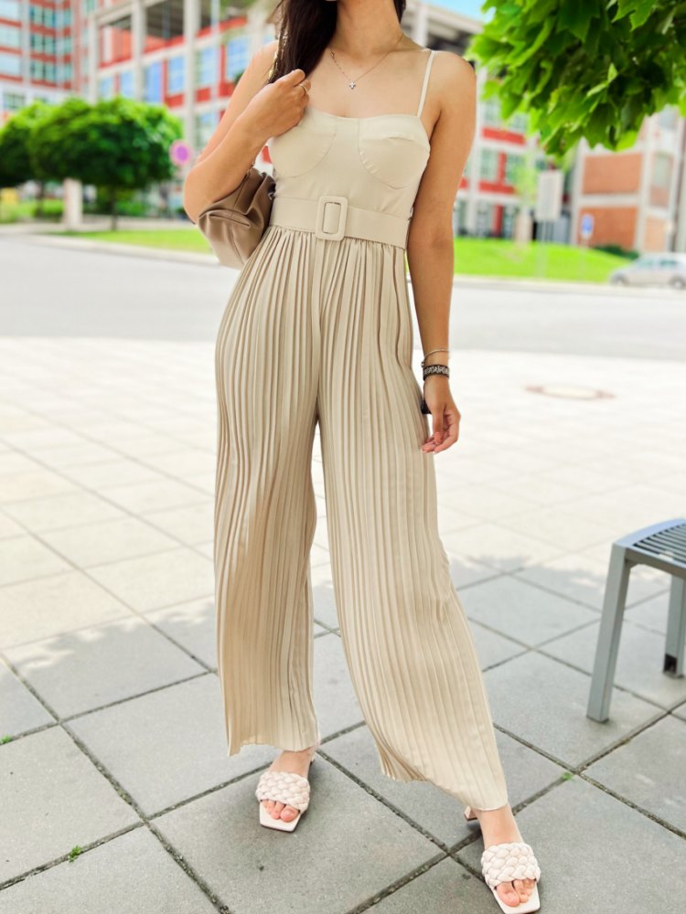 Beige Wide-Leg Pleated Strappy Jumpsuit