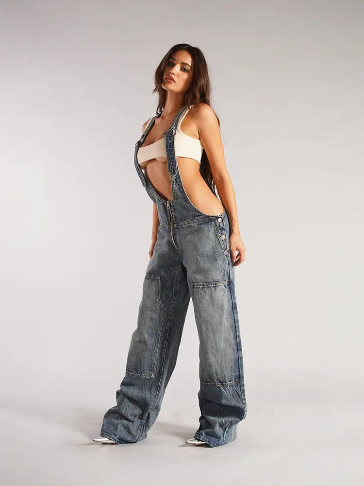 Denim Jumpsuit with Zipper Strap Detail