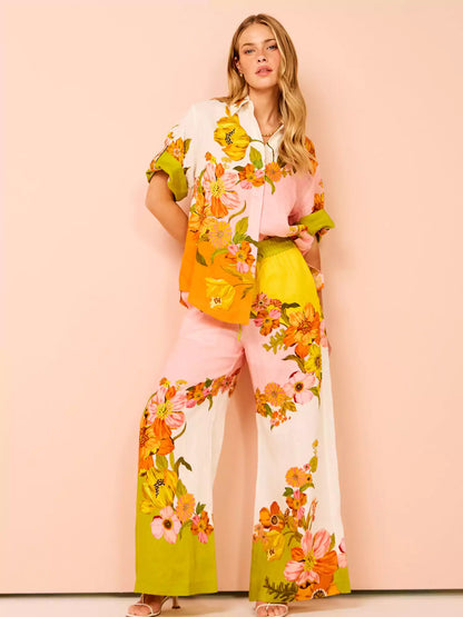Distinctive Print Wide Leg Pants Set with Elastic Waist and Pockets