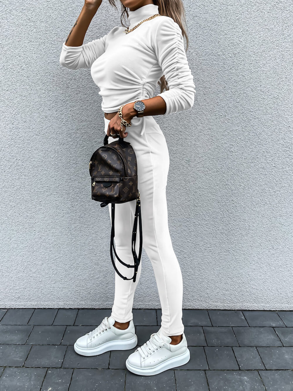 Relaxed Solid Turtleneck Long Sleeve Two-Piece Set with Drawstring