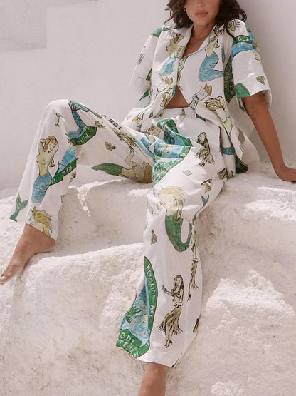 Two-Piece Set: Mermaid Print Short-Sleeve Shirt and Wide-Leg Trousers