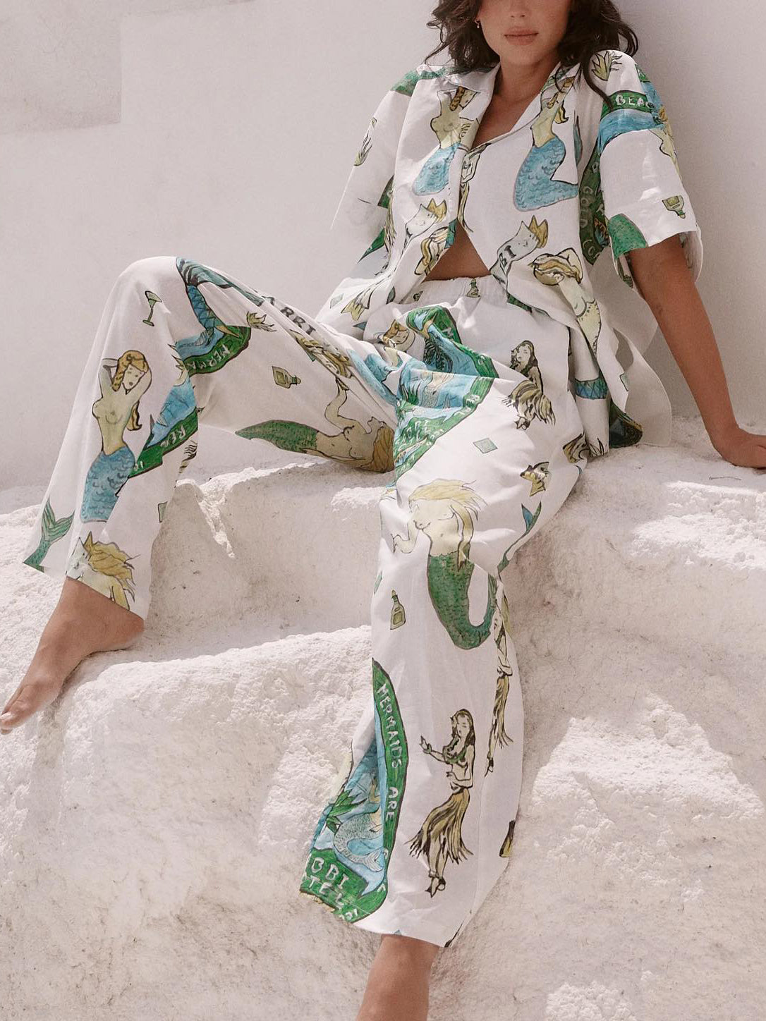 Two-Piece Set: Mermaid Print Short-Sleeve Shirt and Wide-Leg Trousers