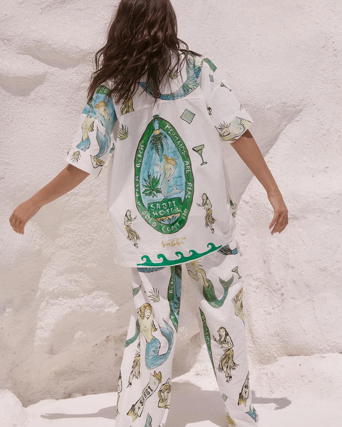 Two-Piece Set: Mermaid Print Short-Sleeve Shirt and Wide-Leg Trousers