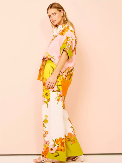 Distinctive Print Wide Leg Pants Set with Elastic Waist and Pockets