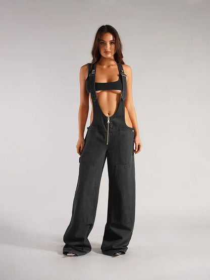 Denim Jumpsuit with Zipper Strap Detail