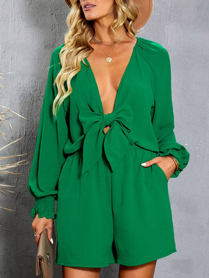 Plunge Front Tie Romper with Tied Flounce Sleeves