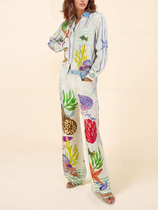 Ocean-Inspired Print Pants Set