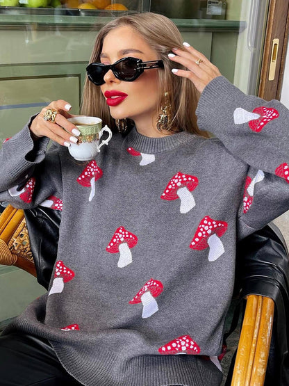 Contrast Pullover Sweater with Mushroom Print