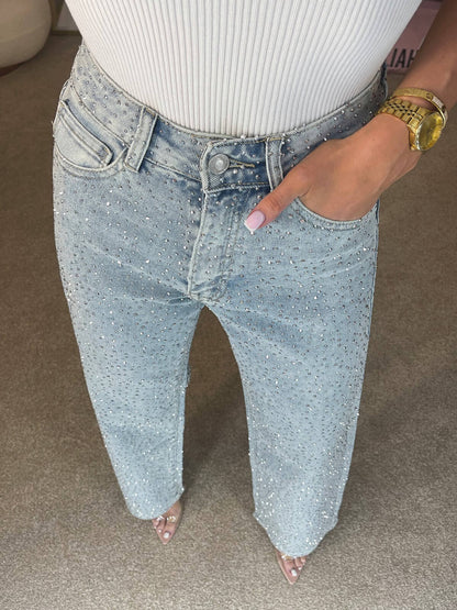 Straight Leg Jeans with High Waist and Diamanté Details