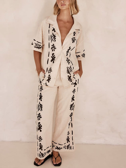 Set of Cream Wide Leg Trousers with Black Print