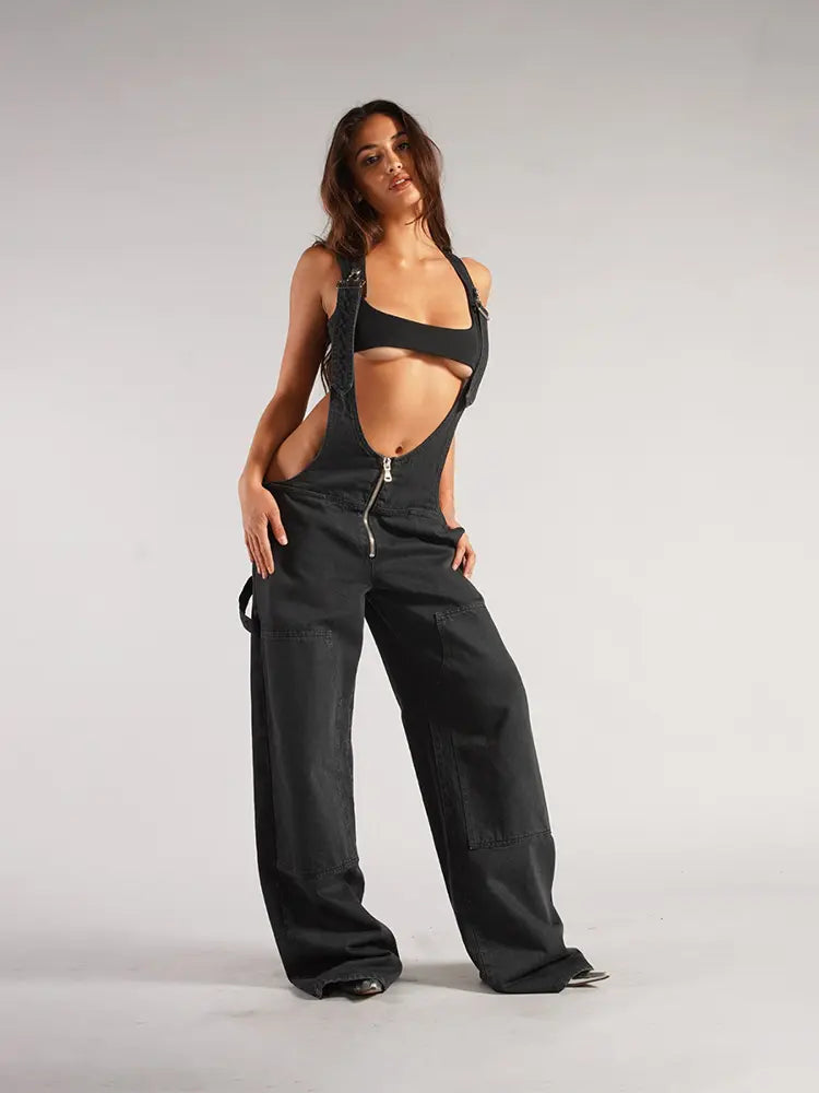 Denim Jumpsuit with Zipper Strap Detail
