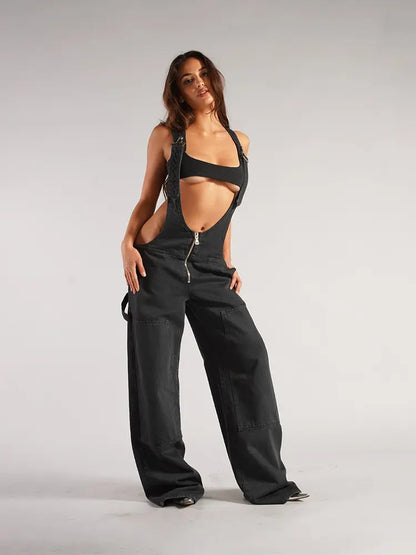 Denim Jumpsuit with Zipper Strap Detail