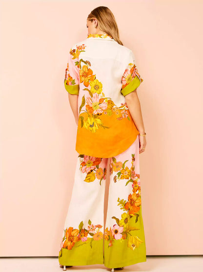 Distinctive Print Wide Leg Pants Set with Elastic Waist and Pockets
