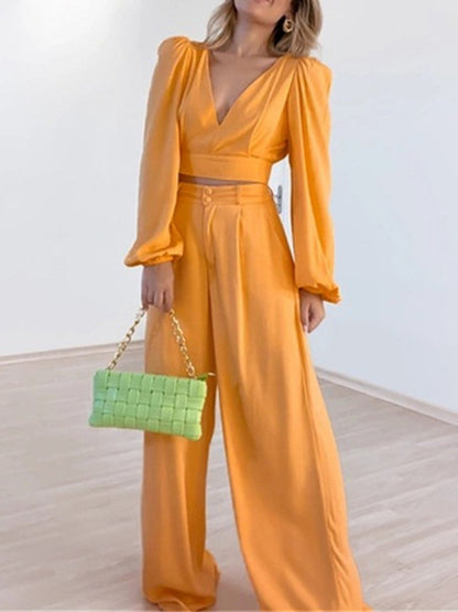 Lavender Pants Set with Plunge Neck Top