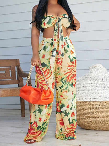 Halter Neck Ruched Wide-Leg Pants Set