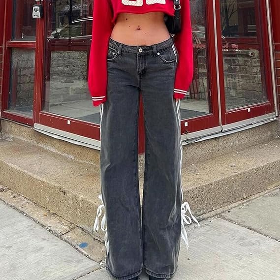 Wide-Leg Jeans with Loose Fit, Side Stripes, and Bow Detail