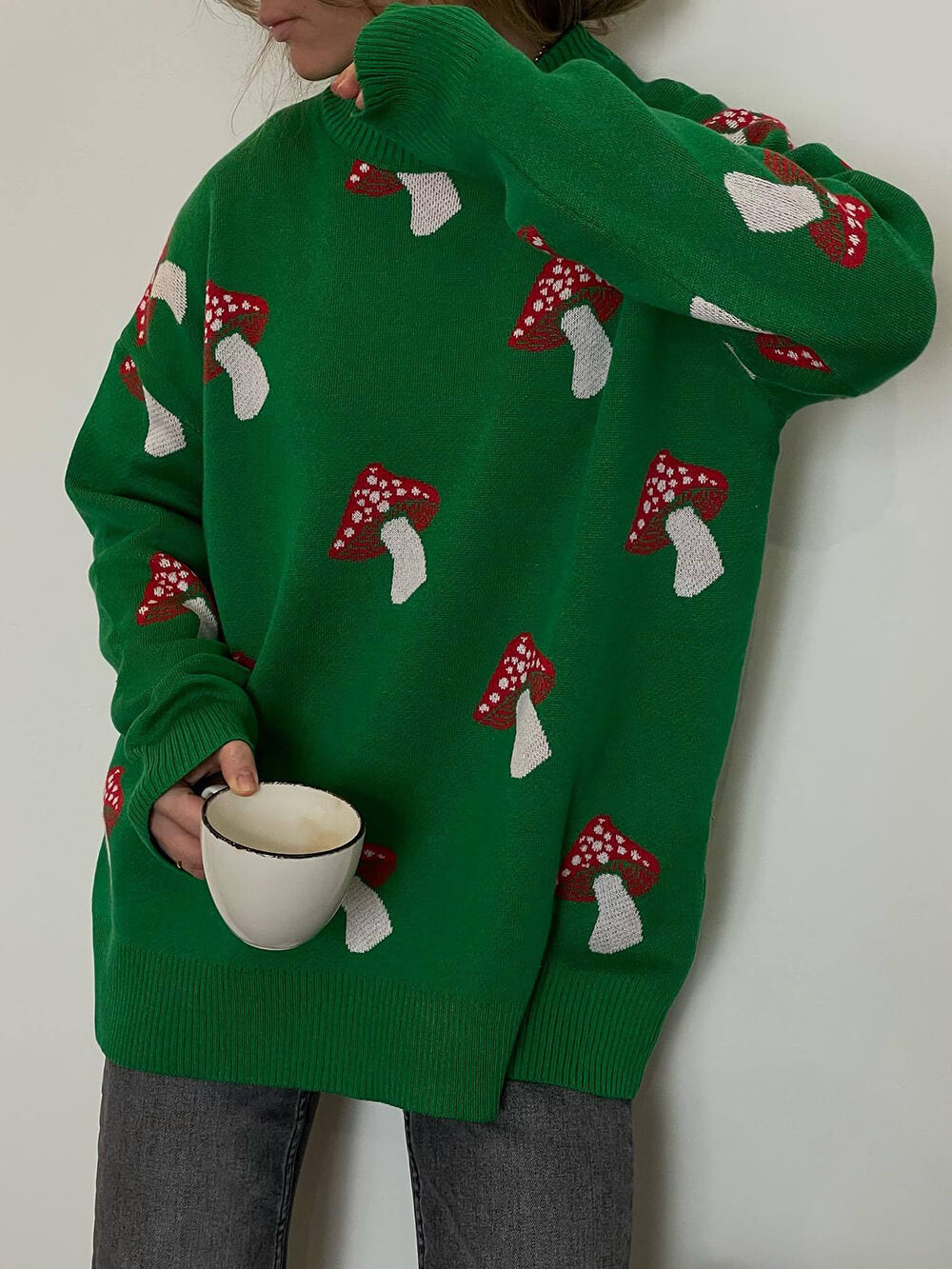 Contrast Pullover Sweater with Mushroom Print