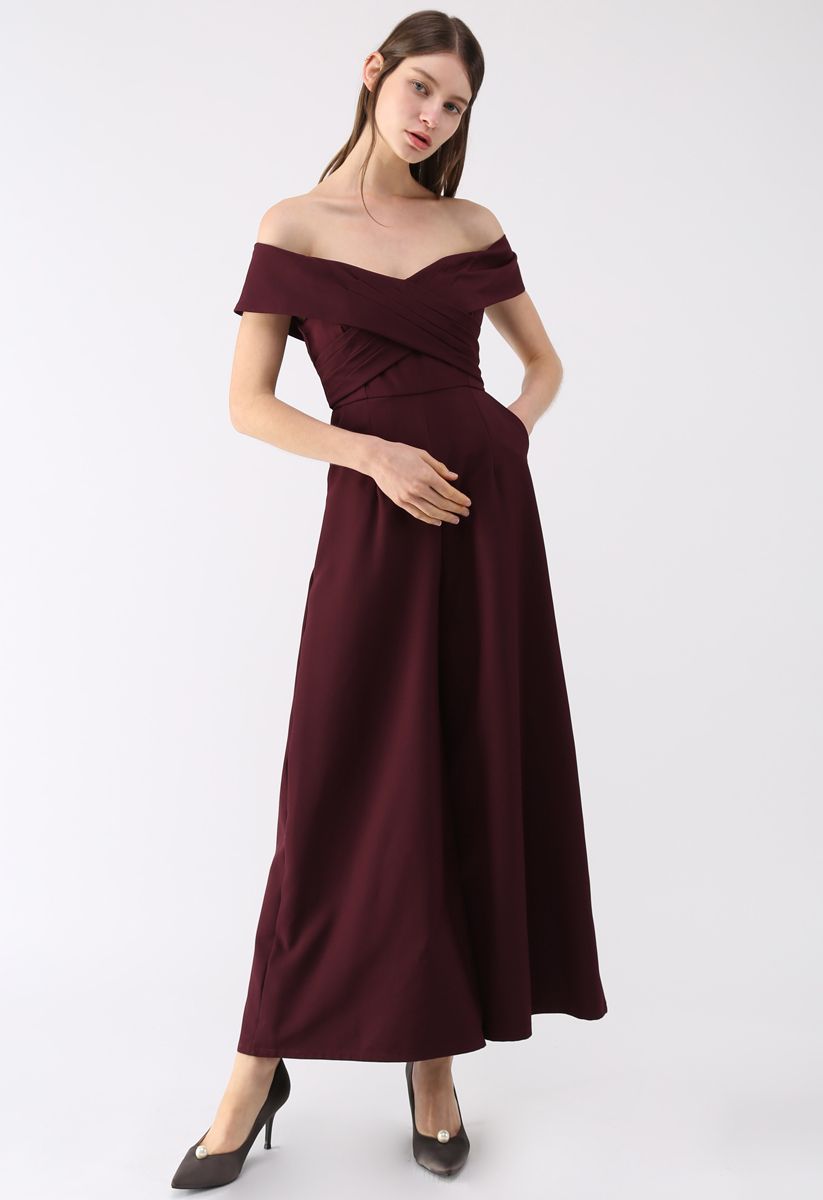Wine-Colored Off-Shoulder Jumpsuit with Sweet Cross Design