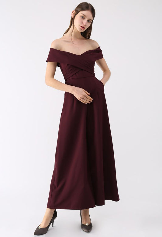Wine-Colored Off-Shoulder Jumpsuit with Sweet Cross Design