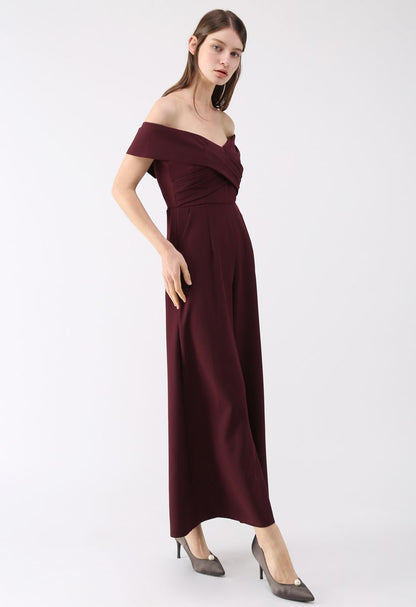 Wine-Colored Off-Shoulder Jumpsuit with Sweet Cross Design
