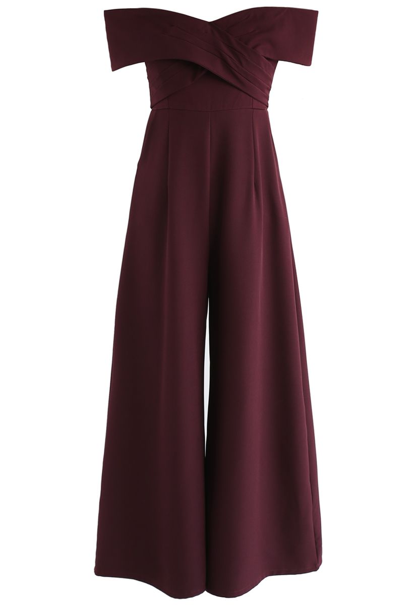 Wine-Colored Off-Shoulder Jumpsuit with Sweet Cross Design