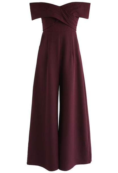 Wine-Colored Off-Shoulder Jumpsuit with Sweet Cross Design