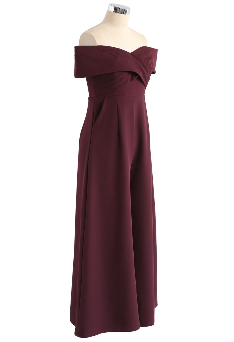 Wine-Colored Off-Shoulder Jumpsuit with Sweet Cross Design